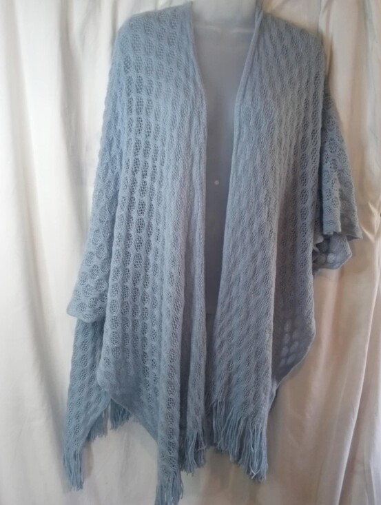 Just Me Sweaters - Just Me Light Blue Open-Knit Fringe Poncho Coastal One Size Flowy Fairy Momcore